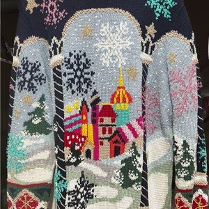 Berek Hand Knitted Blue and Red Crew Neck Sweater with Festive Winter Scene 1992